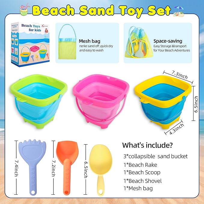 Xgunion Collapsible Beach Sand Bucket 3 Packs Foldable Buckets Set with Shovels & Mesh Bag Collapsible Beach Toys for Kids Summer (Yellow, Blue, Green, Pink, Medium)