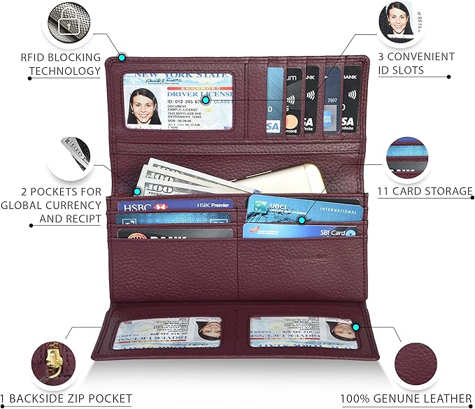 Real Leather Women Wallet Leather with RFID Blocking -Trifold Card Holder Designer Ladies Clutch with ID Window Wallets