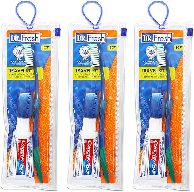 Dr. Fresh 3 Pack Travel Size Toiletries Bundle - Toothbrush, Cover, Toothpaste, Travel Bag - Mint Flavor - Soft Bristles - Reusable Travel Case - Perfect for Adults, Teens, Kids - TSA Approved