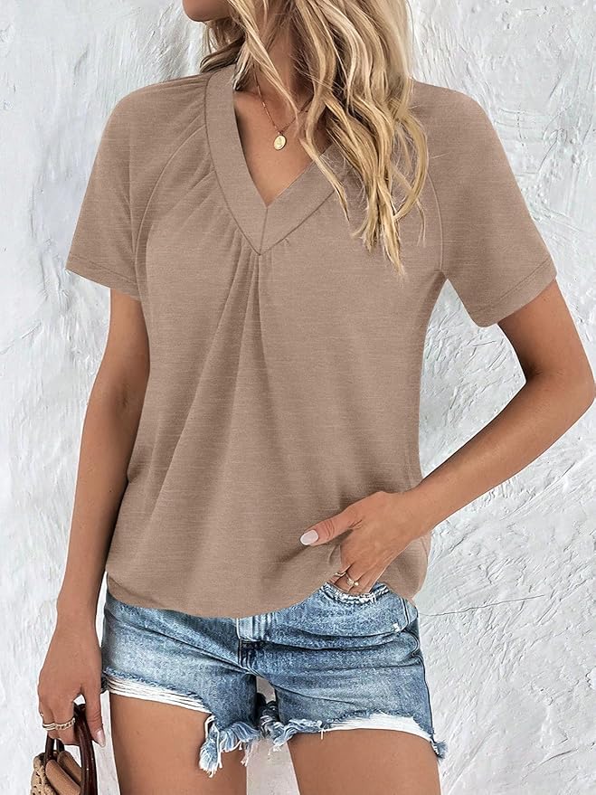 AUTOMET Womens Tops Short Sleeve V Neck T Shirts 2026 Summer Spring Beach Vacation Clothes Casual Loose Ruched Top