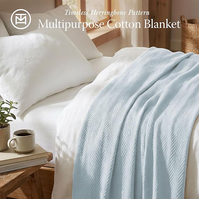 Threadmill Luxury Cotton Blankets for Queen Size Bed | All-Season 100% Cotton Queen Size Blanket | Herringbone Cozy, Soft Breathable Fall Thermal Blanket fits Full Size Bed | Light Blue