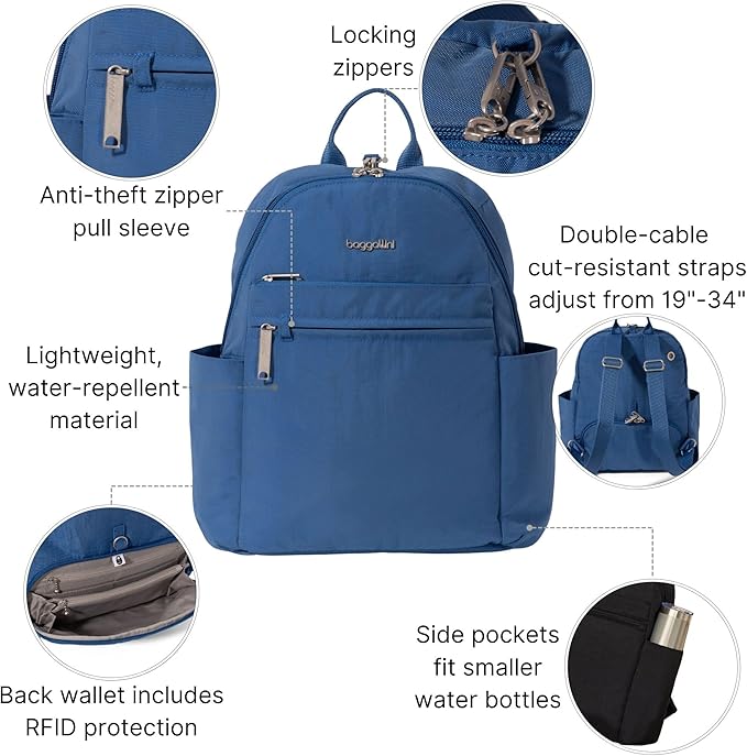 Baggallini Securtex® Anti-theft Vacation Travel Backpack 10x13 Slash-Resistant Nylon Daypack w/RFID
