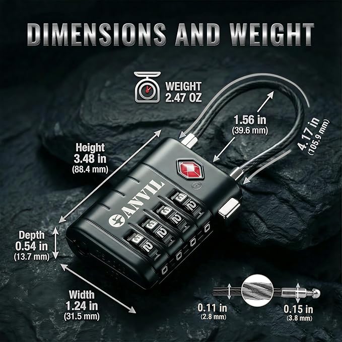 ANVIL TSA Approved Luggage Locks with Search Alert Indicator, 4-Digit Combination Suitcase Lock, Advanced TSA008 Core Heavy Duty Anti-Theft Travel Lock for Double Zippers, Backpacks (8, Black)
