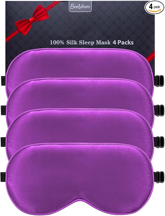 BeeVines Sleep Mask, 4 Packs 100% Real Natural Pure Silk Eye Masks with Adjustable Strap for Sleeping, Mulberry Silk Eye Sleep Shade Cover, Block Light Reduces Puffy Eyes Traveling Gifts(Purple)