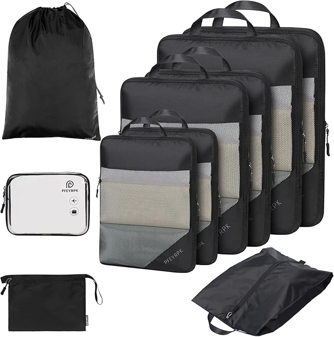 PFEYRPK Lightweight Compression Packing Cubes for Suitcases, Compressible Expandable Travel Packing Organizer with Clear Toiletries and Backpack Bag, Travel Essentials for Carry on Luggage 7 Set