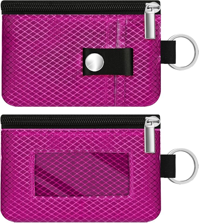 Minimalist RFID Blocking Small Wallet with ID Window,WaterResistant Zip Id Case Wallet with Lanyard Keychain for Cards,Cash,Travel,Women,Men (Purplish Red)