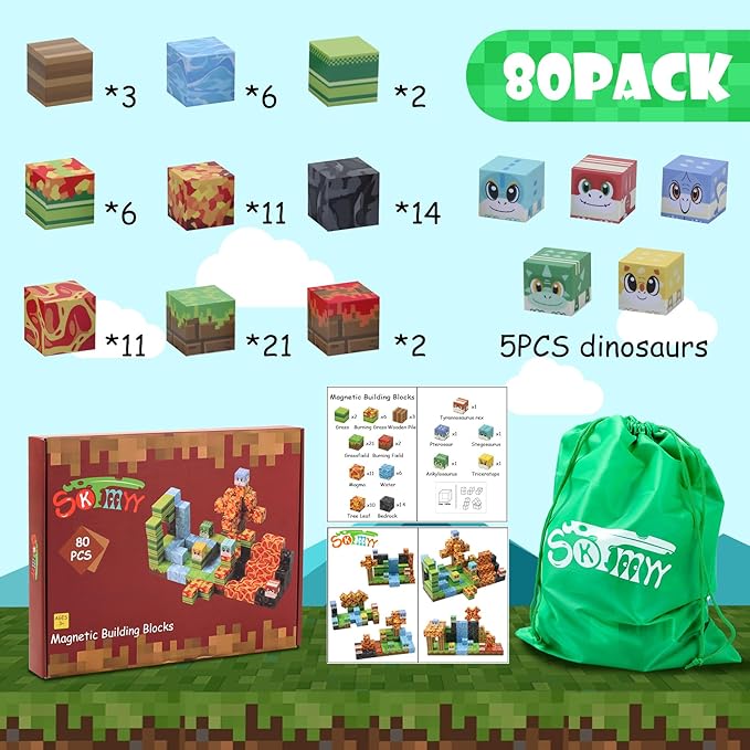 SKTMYY Magnetic Blocks-Volcano & Dinosaur Magnetic Building Blocks Ages 4-8, STEM Sensory Magnet Blocks Cubes Toys for Kids Toddlers Boys & Girls