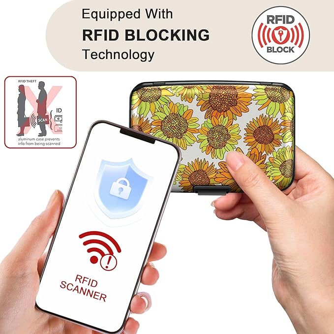 ELFISH Mini RFID Aluminum Wallet Credit Cards Holder Business Card Case Metal ID Case for Men Women(Sunflowers)