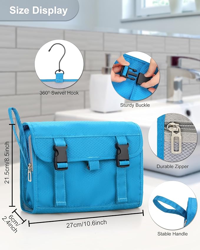 Relavel Travel Hanging Toiletry Bag for Women Men, Large Cosmetic Bags with Compartments, Water-resistant Travel Organizer for Accessories, Shampoo, Full Sized Container, Toiletries (Blue)