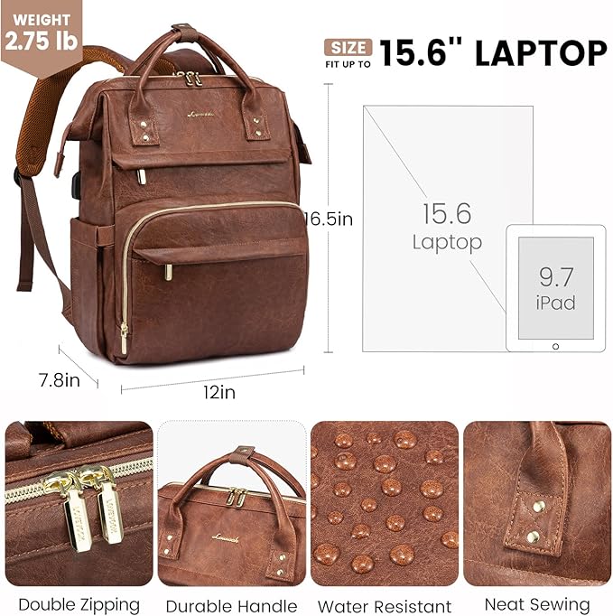 LOVEVOOK Leather Laptop Backpacks for Women 15.6 inch,Travel Backpack Purse Nurse Teacher Backpack Computer Laptop Bag,Professional College Business Work Bag Carry On Backpacks with USB Port,Red Brown