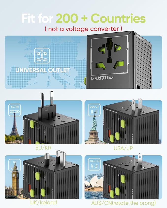 TenTrend 70W Universal Travel Adapter with 4 USB-C & 1 USB-A Ports, International Power Adapter, European Travel Plug Adapter, Worldwide Travel Essentials for EU UK AUS USA
