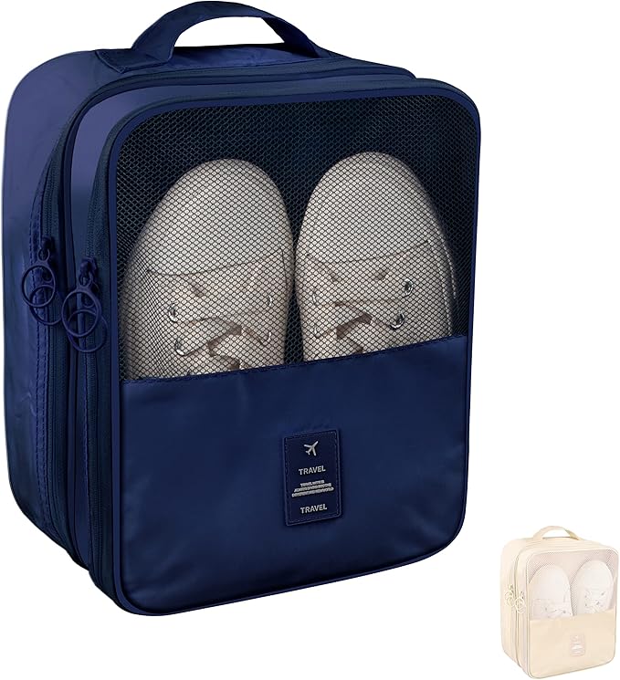 Travel Shoe Bags 2 Pcs of Shoe Organizers Set for Suitcase Hold 3 Pair of Shoes Waterproof Shoe Packing Cubes for Travel and Daily Use Storage Pouch with Handle (Navy blue+Beige)