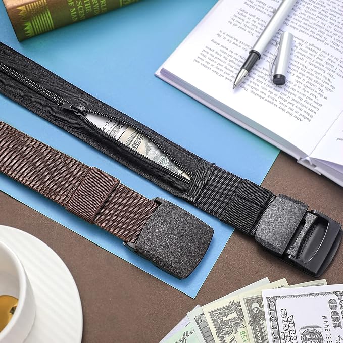 Eurzom 2 Pcs Money Belts for Men Hidden Money Pocket Travel Security Belts, Nylon Anti Theft Wallet with Plastic Buckle for Business Outdoor Working, Gift for Dad Men Boyfriend, Coffee and Black