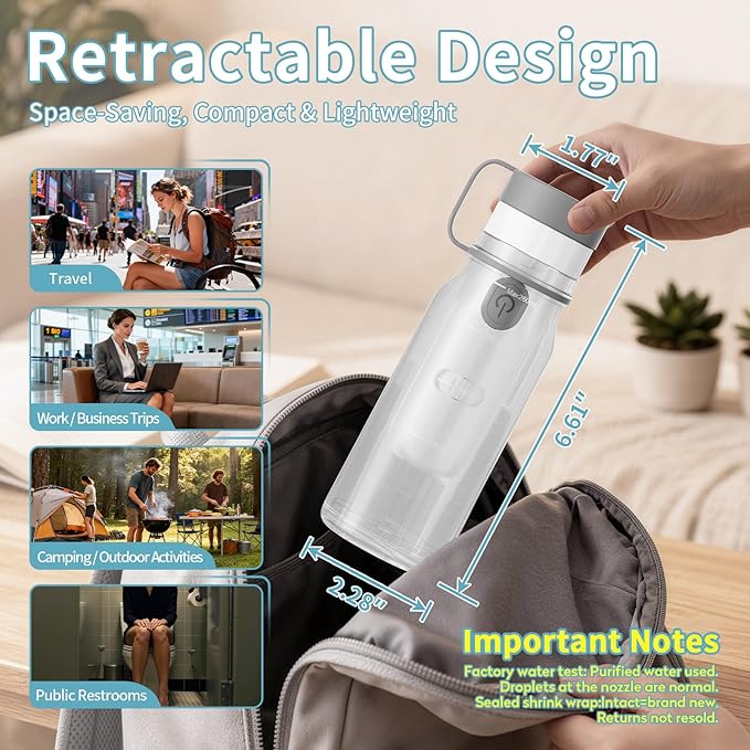 Portable Bidet for Travel with 260ML Bottle, Rechargeable Electric Bidet Bottle for Women Men Baby Cleaning, Waterproof High Pressure Sprayer for Personal Hygiene (White & Gray)