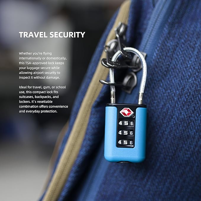 TSA Approved Luggage Locks, 3-Digit Waterproof Padlock, Combination Travel Cable Lock, Lockers, Suitcases, Toolboxes (Blue+Blue)