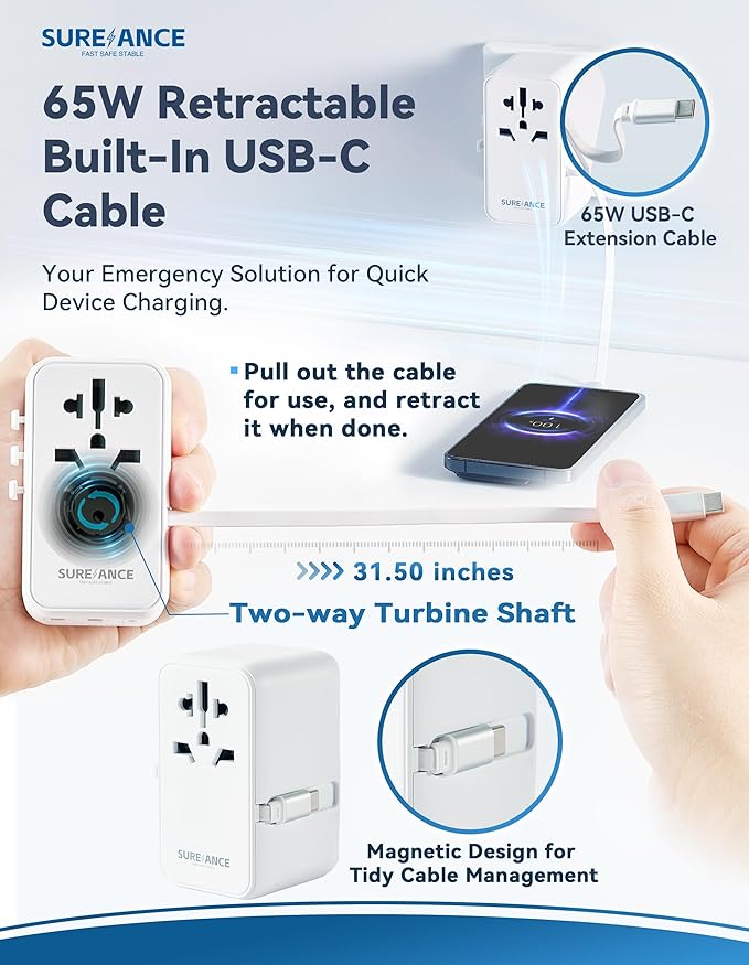 70W Universal Travel Adapter, Plug Adapter with One 65W Fast Charging USB C Cable, 1XUSB-C PD & 2XUSB-A QC, Best Gift Travel Essentials with Type A, C, G, I,J,D Outputs for Europe, Spain