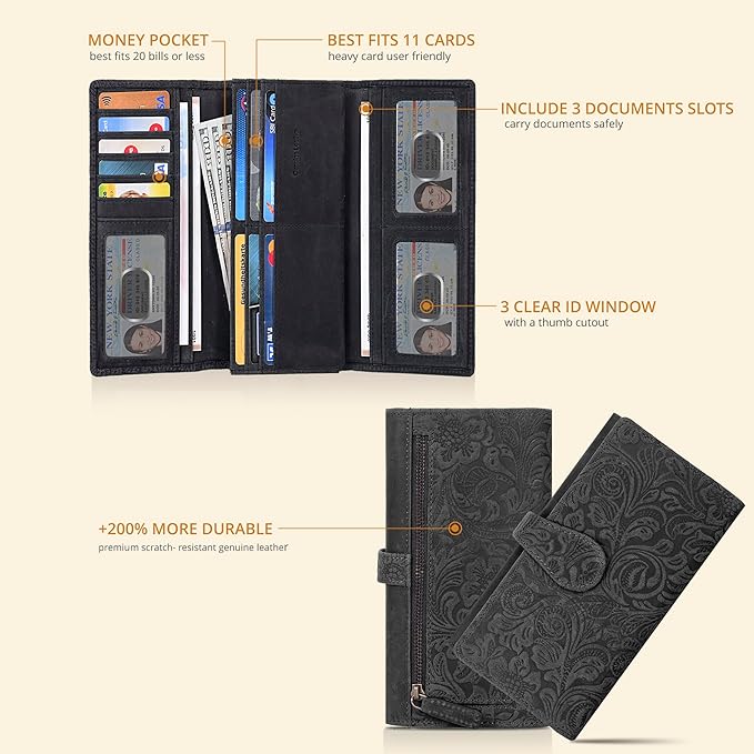 Real Leather Women Wallet Leather with RFID Blocking -Trifold Card Holder Designer Ladies Clutch with ID Window Wallets