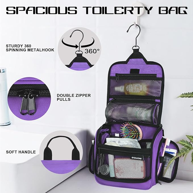 Goloni Hanging Toiletry Bag, 10 Compartments Water-Resistant Makeup Bag with 360° Spinning Metal Hook, Large Travel Cosmetic Organizer for Men & Women, Purple (7.05oz)