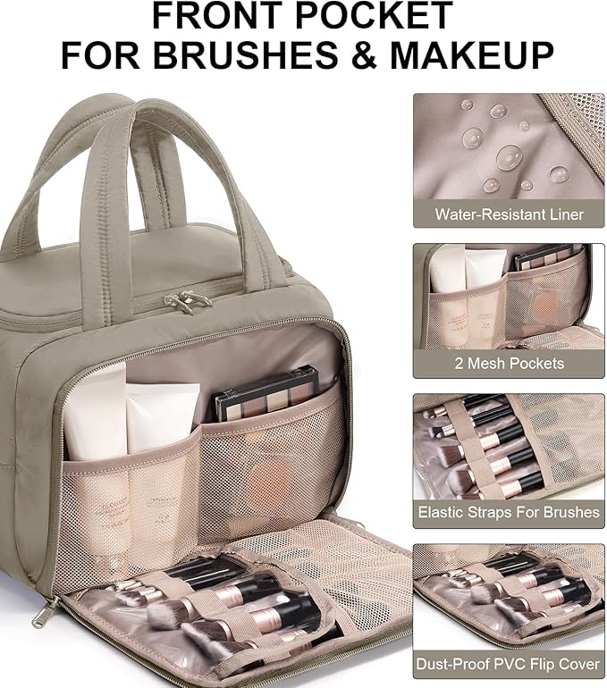 Bagstellar Travel Toiletry Bag for Women, Lightweight Large Quilted Puffy Makeup Bag Wide-open Make up Organizer Cloud Cosmetic Bag w/Handle for Traveling, Toiletries, Essentials, Accessories Oatmeal