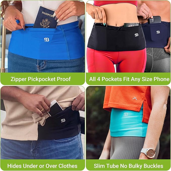 StashBandz Running Belt for Women & Men – No-Bounce Fanny Pack with 4 Secure Pockets & Zipper for Phone, Money & Essentials – Flip Belt Style Design for Running, Travel & Everyday Use