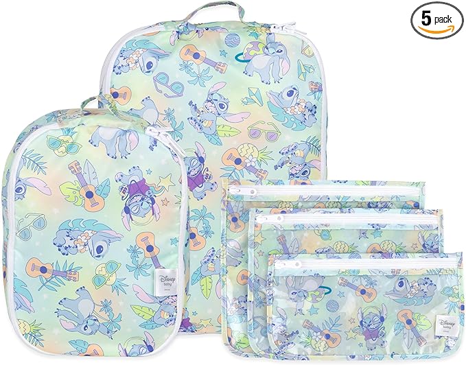 Bumkins Packing Cubes and TSA Approved Pouches for Travel Bag, Organize Luggage with Compression Bags, Essential Traveling Accessories to Pack Clothes, Toiletries, Carryon Suitcase, 5-pc Disney Stitch