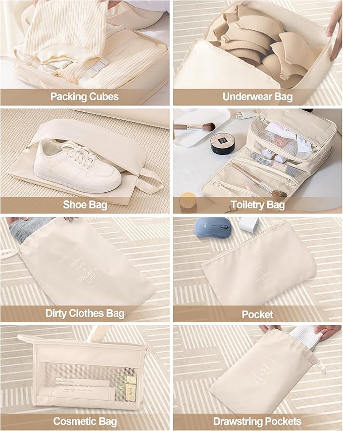 Anjing 10 Set Packing Cubes Luggage Organizers for Travel Accessories Essentials Organizer Bags Carry on Suitcases, Beige