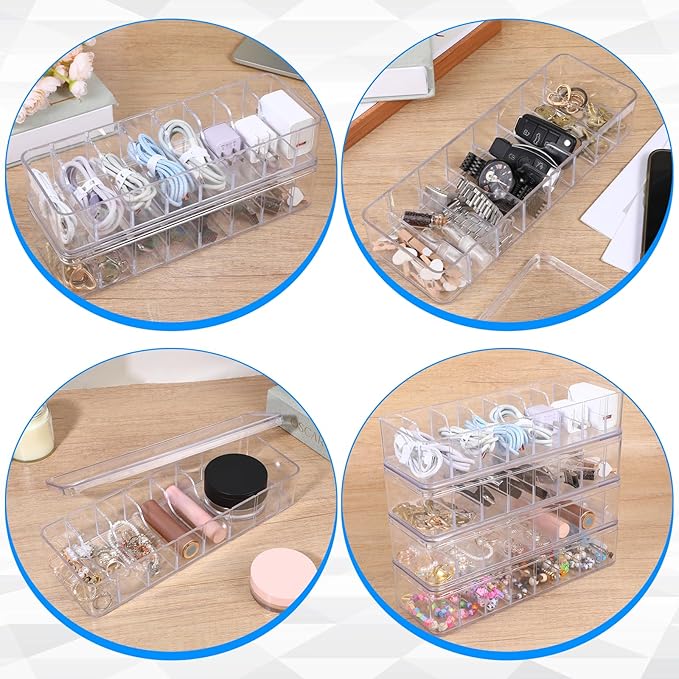 4 Pcs Cord Storage Organizer Clear Plastic Cable Storage Box with 40 Silicone Wire Ties, Cord Organizer Box with Lid for Home Office Desk Organization, Jewelry and Accessories
