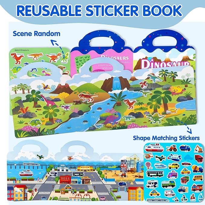 2 Sets Reusable Sticker Book for Kids, Puffy Jelly Stickers for Toddlers, Travel Essentials Craft Activities Toys for Boys Birthday Gifts - Dinosaur & Vehicles