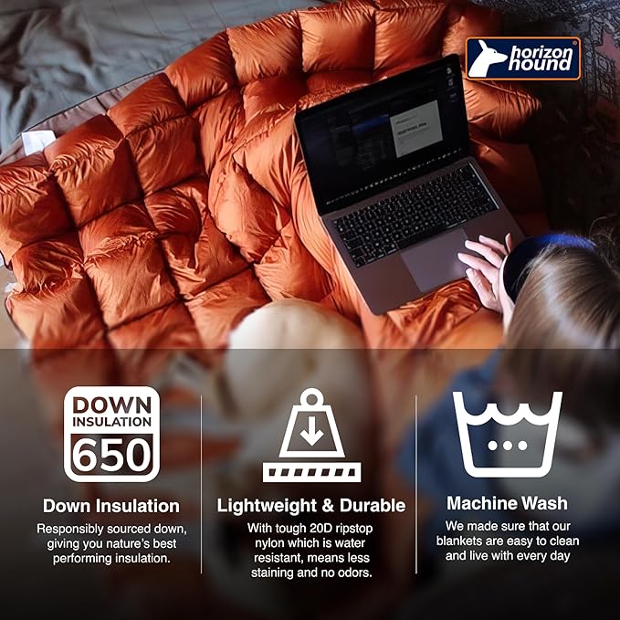 Horizon Hound Down Camping Blanket 650 Fill Power - Ultralight Backpacking Quilt (1lb 6oz) Warm & Water-Resistant 20D Nylon Shell for Outdoors, Camping, Hiking, Travel, & Stadium - Packable