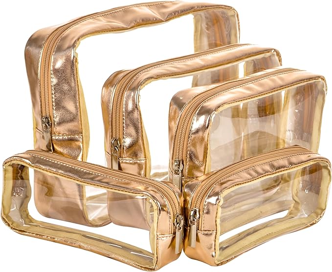 Remobia Hicol TSA Approved 5-Piece Diaper Bag Organizer Pouch Set Clear Waterproof TPU Kids Toiletry Storage Set Travel Packing Clutch Cube Bags for Baby Nursing(Gold leather)