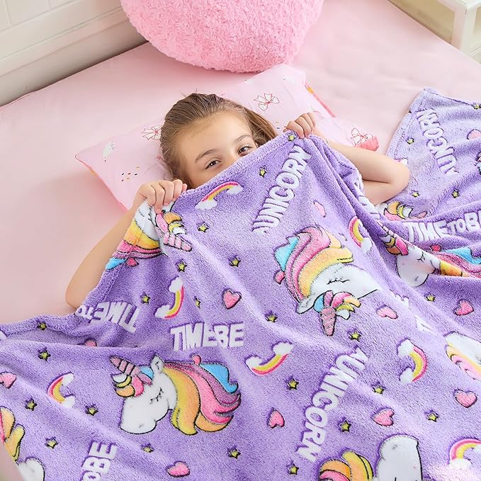 Wajade Unicorn Gifts for Girls - Glow in The Dark Unicorn Blanket Birthday Christmas Decor for Kids Age 3 4 5 6 7 8 9 10 11 12 Years Old Teens Child Toddler Throw Violet 50"x60"
