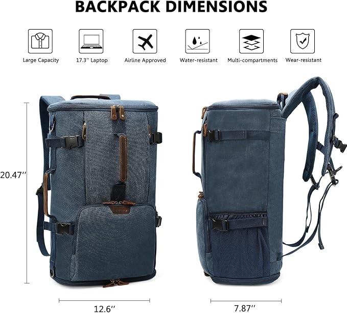 G-FAVOR 40L Travel Backpack, Vintage Canvas Rucksack Convertible Duffel Bag Carry On Backpack Fit for 17.3 Inch Laptop Bag, Blue