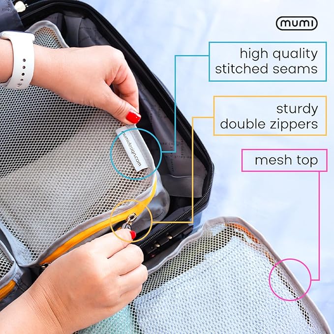 MUMI Packing Cubes - 5 Compression Packing Cubes for Travel, Luggage Organizer Bags for Suitcases, Carry-On, Duffle or Backpack – Mesh, Waterproof Bags for Clothes, Kids & Travel Accessories - Yellow