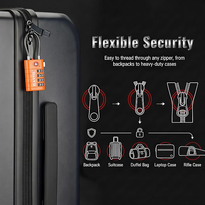 ANVIL TSA Approved Luggage Locks with Search Alert Indicator, 4-Digit Combination Suitcase Lock, Advanced TSA008 Core Heavy Duty Anti-Theft Travel Lock for Double Zippers, Backpacks (2, Orange)