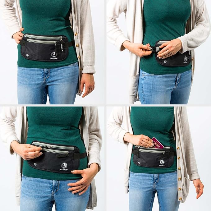 VENTURE 4TH Slim Minimalist Design RFID Money Belt with RFID Blocking Sleeves, for Men and Women – Ideal for Keeping Your Cash, Credit Card, Passport, Phone Secure When Traveling - Black