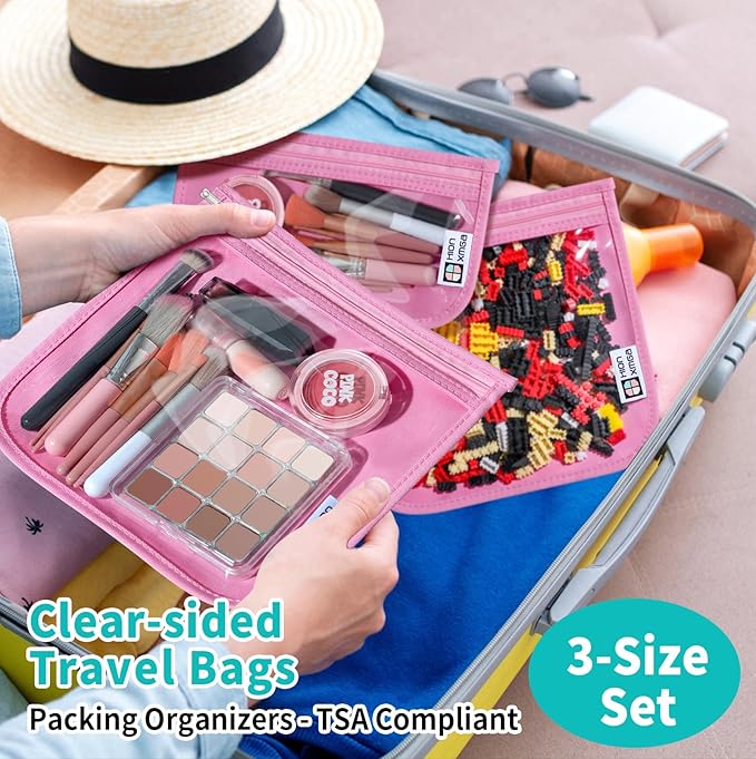 HIONXMGA TSA Approved Toiletry Bag, Set of 3 Clear Travel Toiletry Bag Quart Size Zipper Travel Pouch, Waterproof Makeup Cosmetic Bag for Women Men Kids Toiletries Carry on, Pink