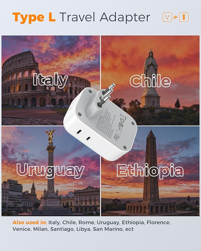 TESSAN Italy Travel Plug Adapter, Type L Adapter for Travel with 4 Outlets 3 USB Ports (1 USB-C), Power Adaptor for US to Italy Chile Rome Uruguay Milan Libya
