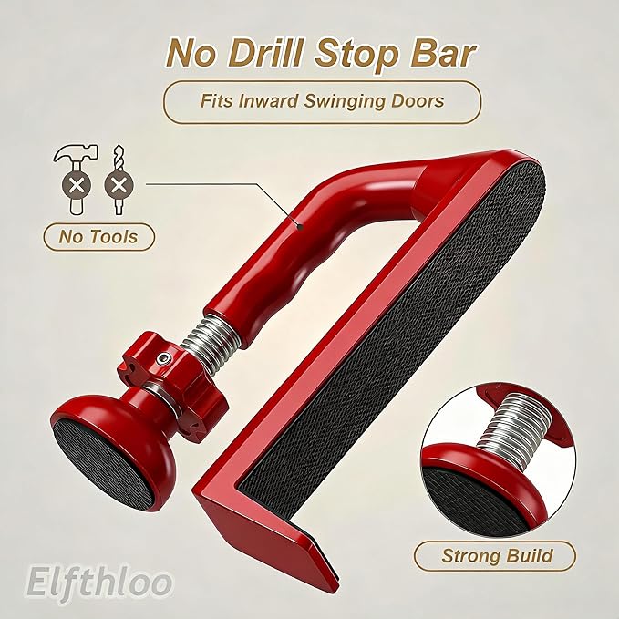Portable Hotel Door Lock Stopper Travel Security Brace Safety, No Drill Stop Bar Fits Inward Swinging Doors Safety Self Defense Personal Protection for Apartment, Red, 1 Pack