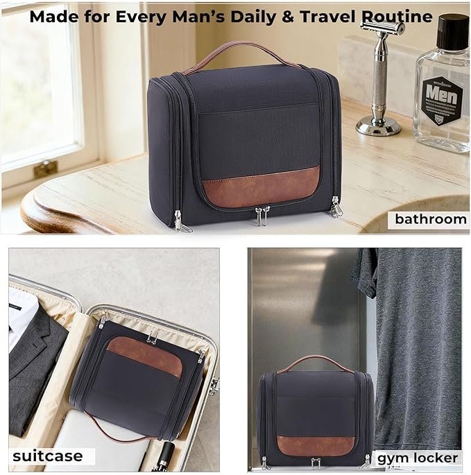 Ralnitote Large Hanging Toiletry Bag for Men, Travel Bathroom Bag with Hook, Hygiene Bag Organizer for Shower, Shaving & Grooming Essentials, Black