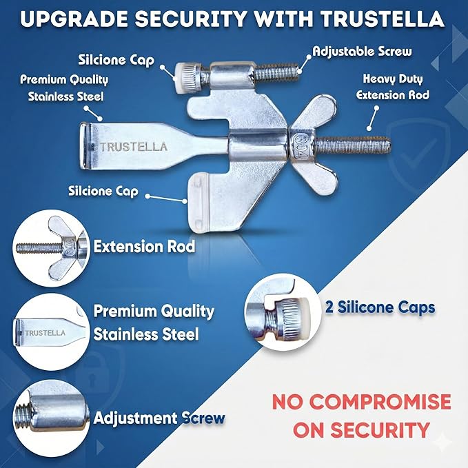 Original Trustella Heavy-Duty Portable Door Lock with Stainless Steel Build. Perfect for Home, Travel, Hotels, and Apartments for Inward-Opening Doors with a 2 mm Gap. (Silver/Black)