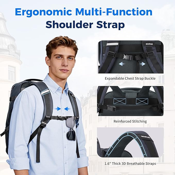 ECOHUB 17" Travel Backpack for Men United Airlines Personal Item Travel Bag TSA Friendly Business Computer Bag with USB Charging Port & Wet Compartment,Grey