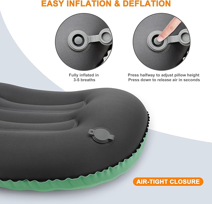 Ultralight Inflatable Camping Pillow with Soft Cover, Compact Compressible Portable Travel Air Pillow, Blow Up Camp Pillows for Outdoor Camp Sport Hiking Backpacking Travel Essential Green