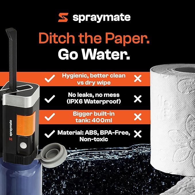 Portable Bidet for Travel – Electric High Pressure Rechargeable Bidet for Women & Men | 400ML Bottle | 650ML/Min Flow | USB-C | 1100mAh Battery | USA Brand – Spray Mate