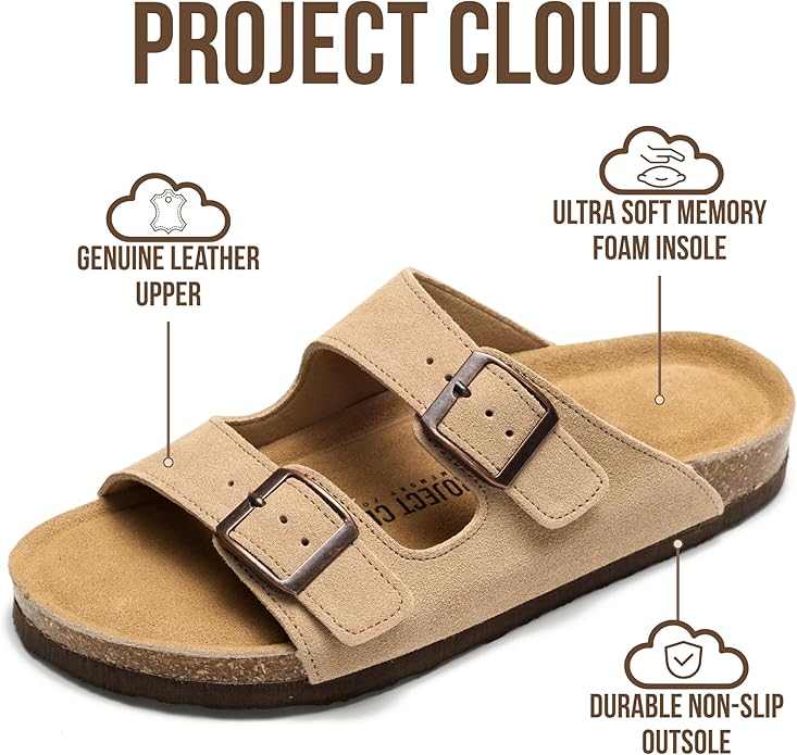 Project Cloud 100% Genuine Leather Flat Sandals For Women 2026 Cork Footbed Womens Sandals with Memory Foam and arch support Vacation Essentials Slides for Women Footwear (Venita)
