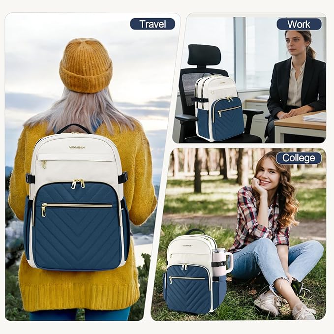 VANKEAN Laptop Backpack for Women with Pouch Pocket for Large Capacity Tumbler, 15.6 Inch Laptop Computer Bag Travel Backpack Purse,Waterproof Work Business College Teacher Bags, Beige-Haze blue