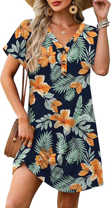 WIHOLL Summer Dresses for Women with Sleeves Midi Dress Button Down Beach Vacation Casual Dresses Fashion Clothing