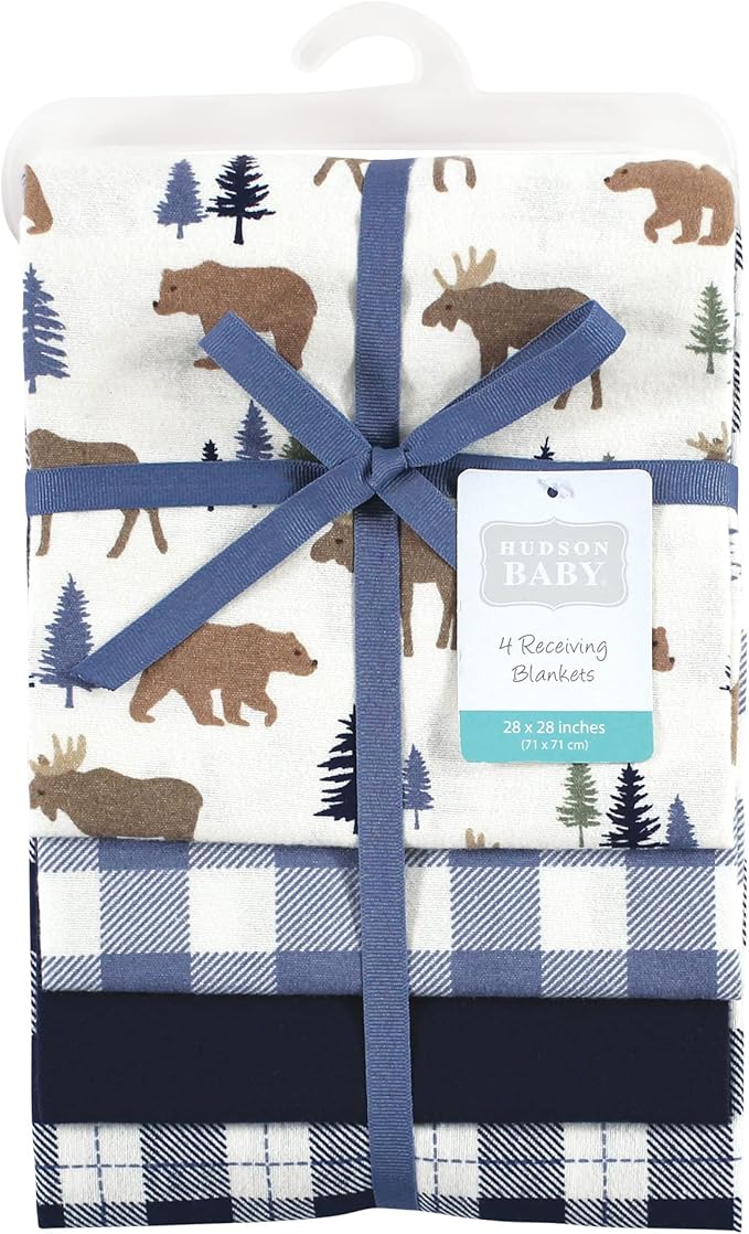 Hudson Baby Unisex Baby Cotton Flannel Receiving Blankets, Moose Bear, One Size
