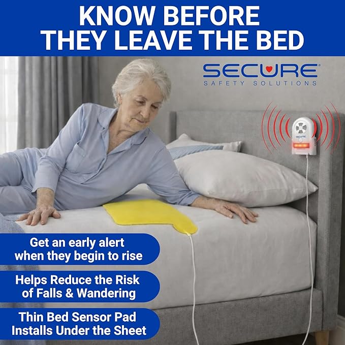 Secure Safety Solutions Bed Alarm for Elderly Adults - 12x30 Sensor Pad, 120db Monitor - Fall Prevention for Dementia Patients, Seniors - Weight Sensing Pad Alerts Caregiver When They Get Up