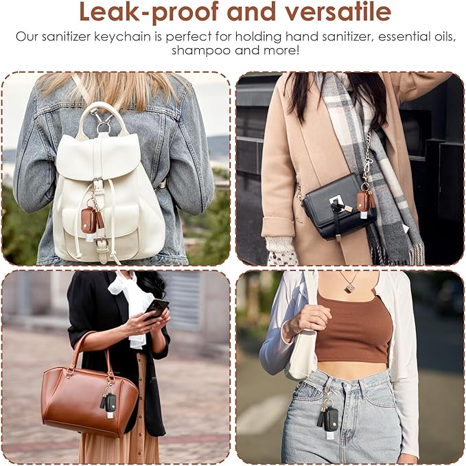 Grevosea 2Pcs Hand Sanitizer Holder, 30ml Portable Leather Hand Sanitizer Travel Size Keychain Empty Squeeze Bottles Refillable Container for Toiletry Lotion Liquid Soap Shampoo (Black+Brown)