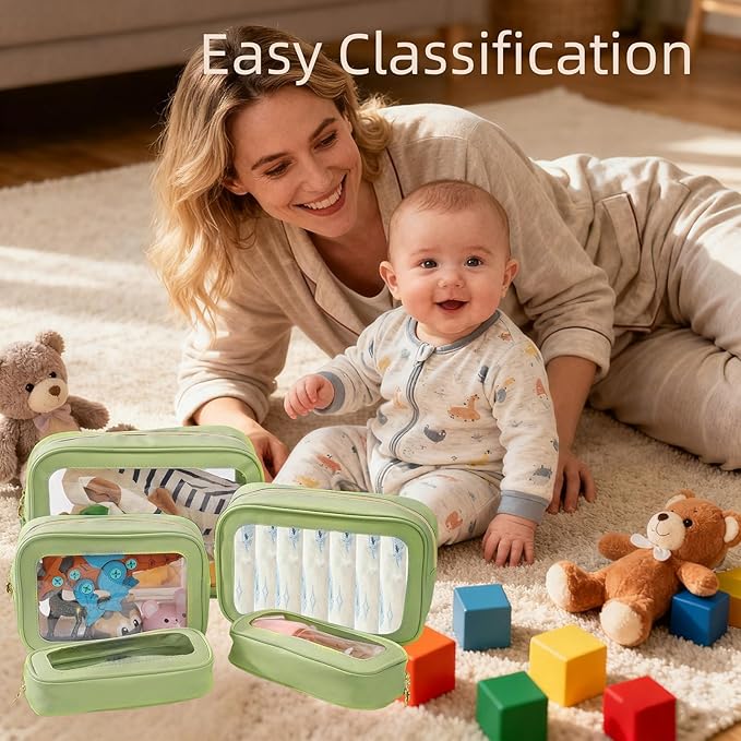 5PCS Diaper Bag Organizer Pouch Set, Clear Organizer Bags, TSA Approved Toiletry Bag, Clear Waterproof Cosmetic Bags with Zipper, Purse Organizer Pouches,Travel Organizer Bags for Woman and Kids Green